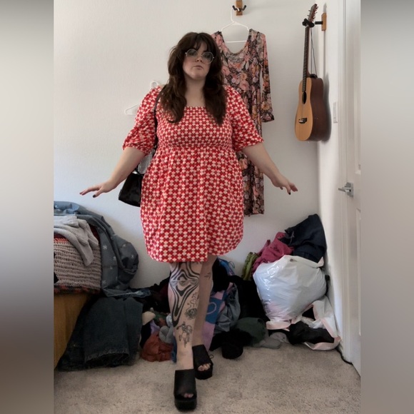 Smocked Red & Cream Patterned Mini Dress - Picture 2 of 4